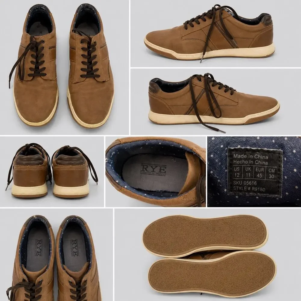 RYE Men’s Brown Casual Sneakers Lace Up Comfort Shoes Size 12 Leather Look